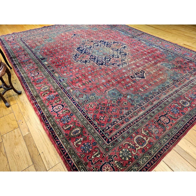 Vintage Turkish Heriz Rug, Hand-Knotted Wool, Geometric Medallion Design, Red & Green, 12x14 For Sale In Chicago - Image 6 of 16