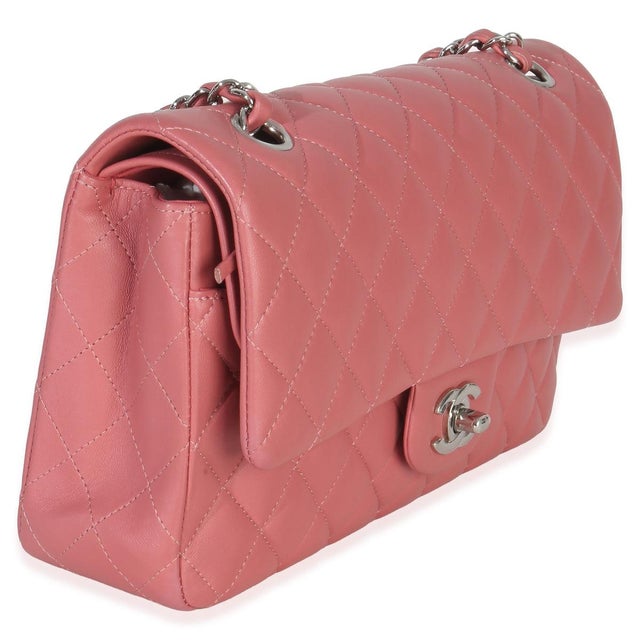 Traditional Pink Quilted Lambskin Medium Classic Double Flap Bag For Sale - Image 3 of 9