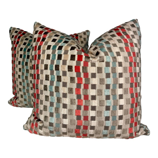 Cut Velvet Epingle Velvet in Coral/Aqua/Beige 22" Pillows-a Pair For Sale