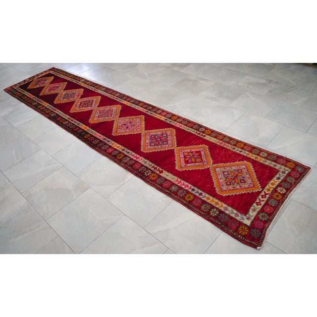Red 1960s Turkish Hand-Knotted Runner Rug Kitchen Hallway Decor Red & Pink 3x13 Ft Approx For Sale - Image 8 of 16