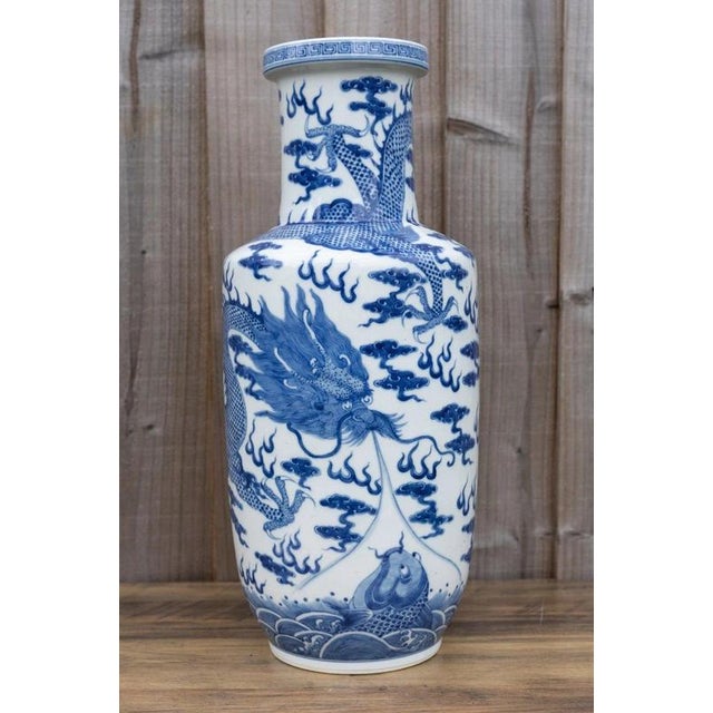 Large Antique Chinese Blue and White Dragon & Fish Porcelain Vase For Sale - Image 9 of 18