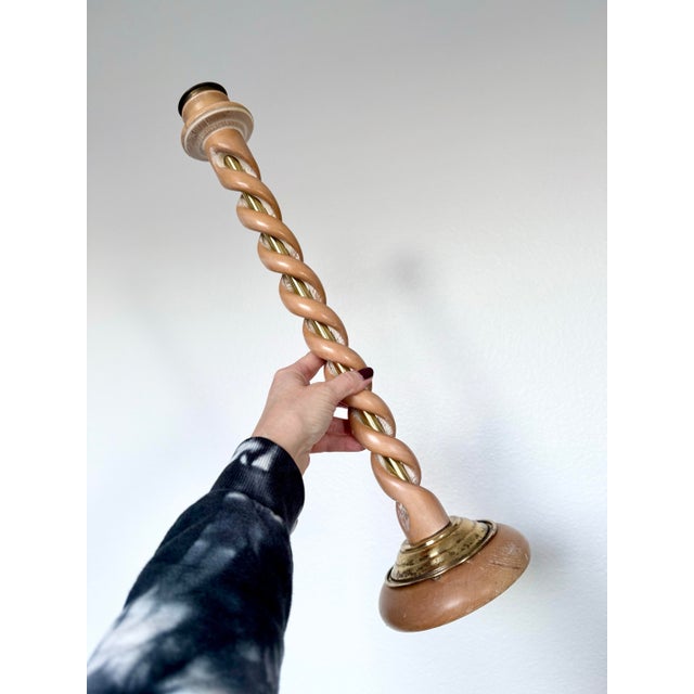 Vintage Barley Twist White Oak Wood/Brass Candle Holder Made in Spain 20” Tall For Sale - Image 10 of 10
