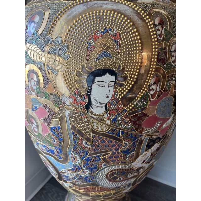 This Chinese Satsuma Floor Vase is made from heavyweight high-fired eathenware. Extensive hand painted gold moriage with...