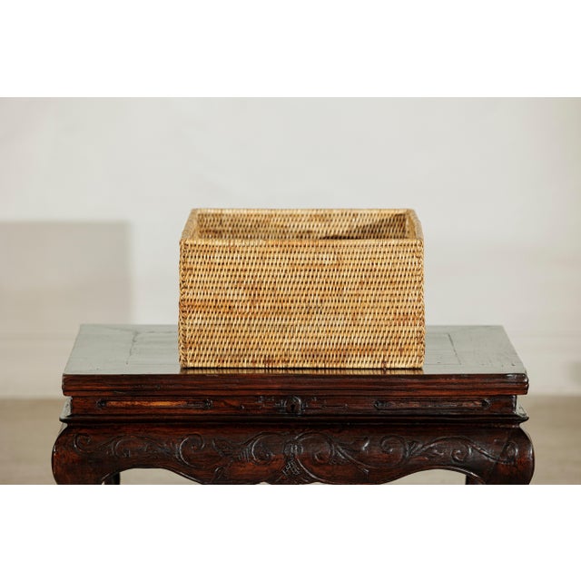 Late 20th Century Vintage Handwoven Rattan Rectangular Storage Basket in Natural Honey Tone For Sale - Image 5 of 18