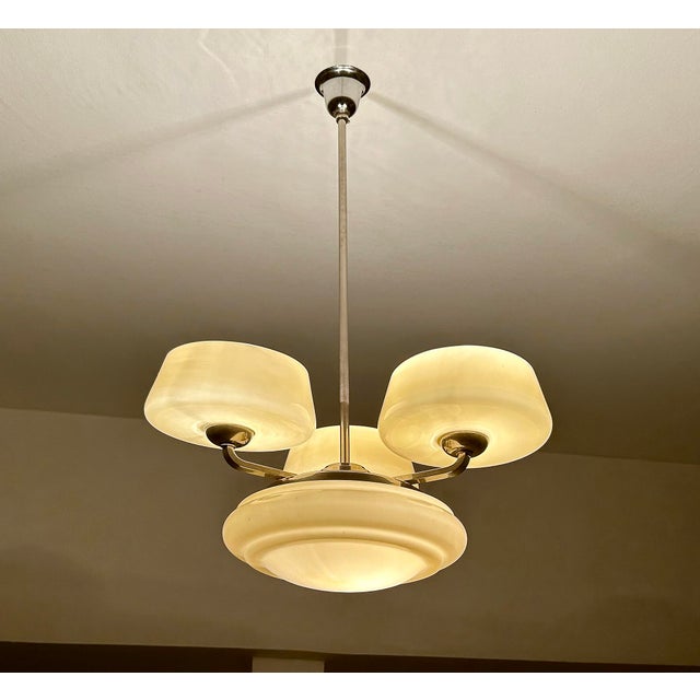 Large Art Deco pendant light featuring a nickel plated structure and ivory color glass shades Total Height 85 cm / 33.46...
