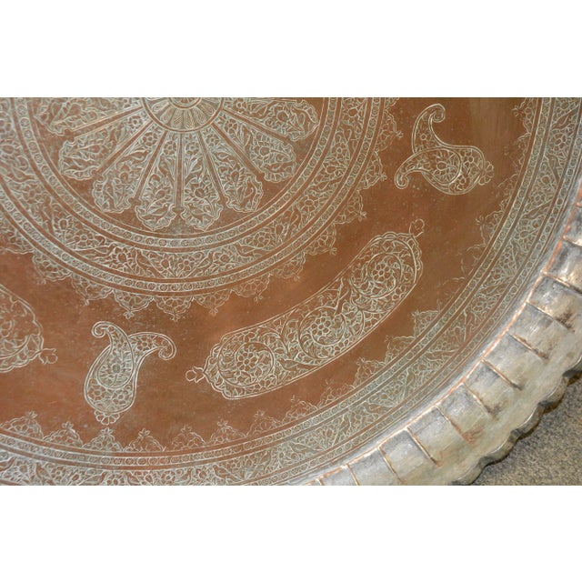 Vintage Middle Eastern Large Ornate Metal / Copper Fluted Edge Chai Tea Tray / Wall Decor For Sale - Image 9 of 14