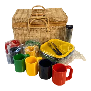 Vintage Mid Century Picnic Basket With Service - New Old Stock