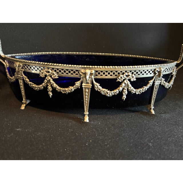 19th C French Louis XVI Silver Jardinière Bowl W/ Blue Glass For Sale - Image 6 of 10