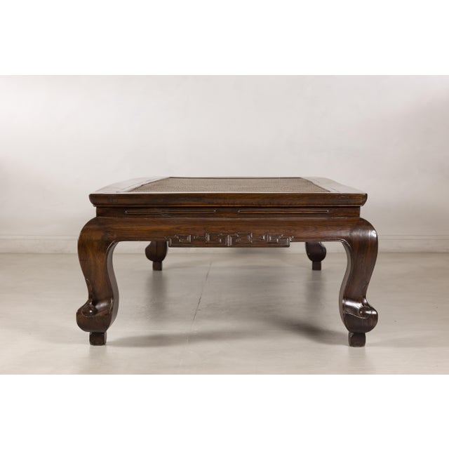 Brown Antique Chinese Elm Opium Bed Coffee Table with Woven Rattan Top and Scroll Legs For Sale - Image 8 of 18