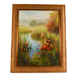 Late 20th Century Framed Signed Vera Oxley Floral Estuary Oil on Canvas For Sale