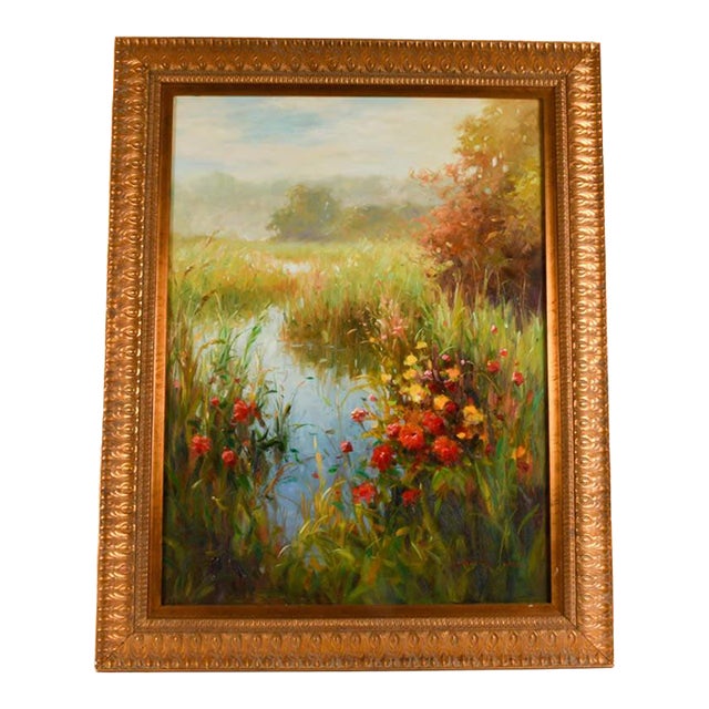 Late 20th Century Framed Signed Vera Oxley Floral Estuary Oil on Canvas For Sale