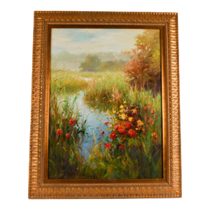 Late 20th Century Framed Signed Vera Oxley Floral Estuary Oil on Canvas
