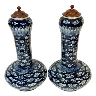 Pair of Late Qing Blue & White Porcelain Garlic-Neck Vases, Lion Mask Handles For Sale