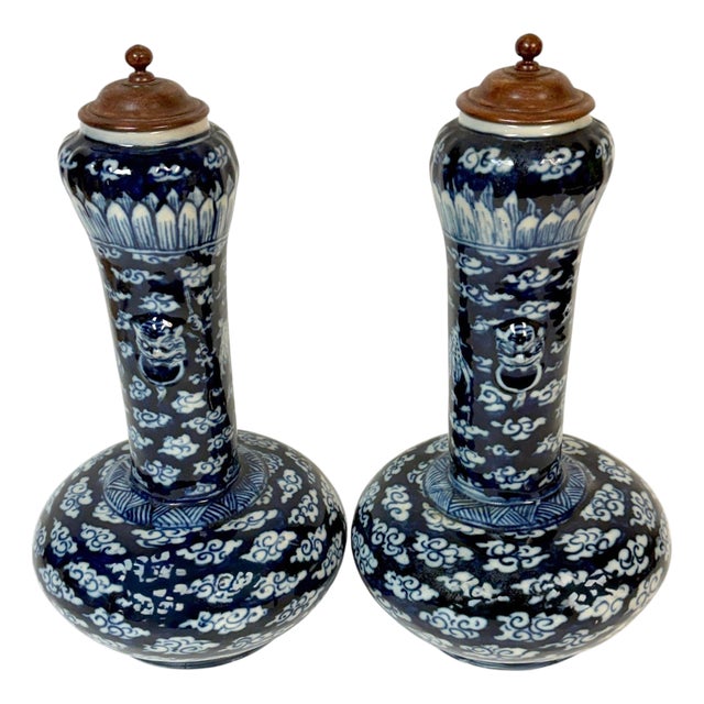 Pair of Late Qing Blue & White Porcelain Garlic-Neck Vases, Lion Mask Handles For Sale