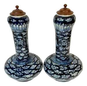 Pair of Late Qing Blue & White Porcelain Garlic-Neck Vases, Lion Mask Handles