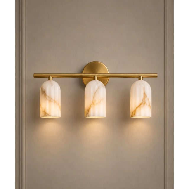 Handcrafted Brass 3-Light Vanity Sconce With Natural Alabaster Shades, Luxury Bathroom Lighting For Sale - Image 6 of 9