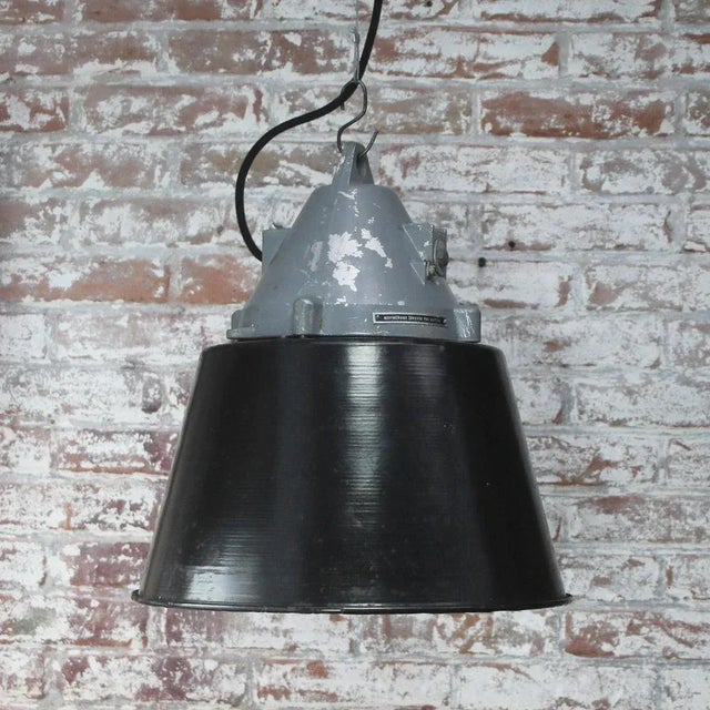 1950s Vintage Industrial Black Enamel & Clear Glass Factory Pendant Light For Sale - Image 5 of 6