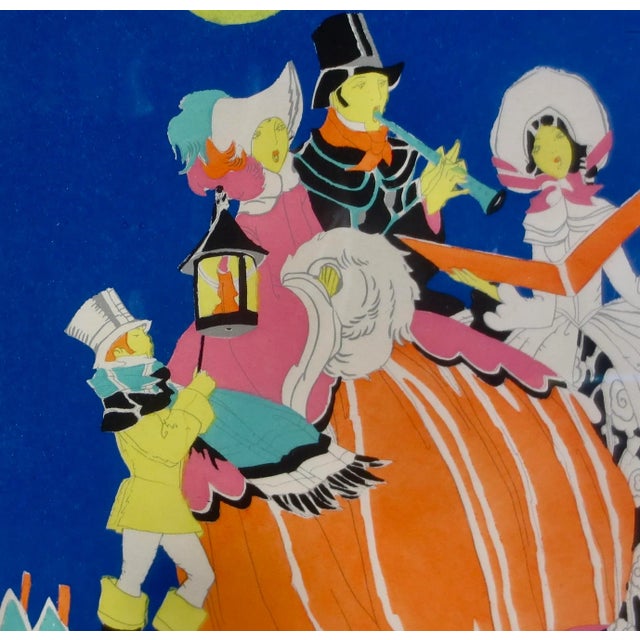 Art Deco Art Deco Pochoir of Caroling Family on a Winter Night. Circa 1920-30s For Sale - Image 3 of 5
