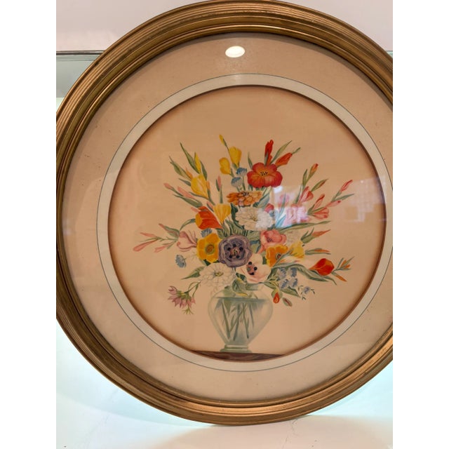 Vintage Mid Century Round Floral Still Life Art Print & Gilded Wood Frame For Sale In Miami - Image 6 of 8