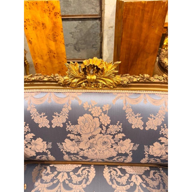 Vintage Cherub Rococo Sette upholstery Blue Damask Canapa For Sale In Orlando - Image 6 of 9