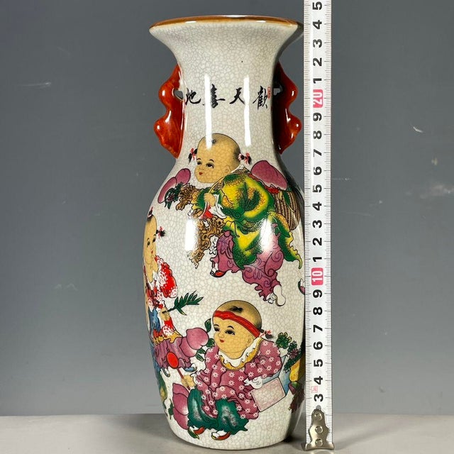 Mid 20th Century Vintage Chinese Crackle Glaze Famille Rose "Boys Playing" Vase With Red Handles For Sale - Image 5 of 9
