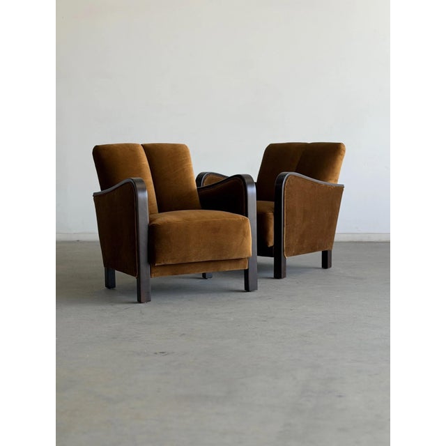 Bronze 1940s Art Deco Twin Channel Club Chairs in Rust Velvet For Sale - Image 8 of 12