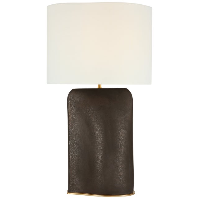 Transitional Kelly Wearstler by Visual Comfort Signature Amantani Extra Large Sculpted Form Table Lamp in Stained Black Metallic with Linen Shade For Sale - Image 3 of 3