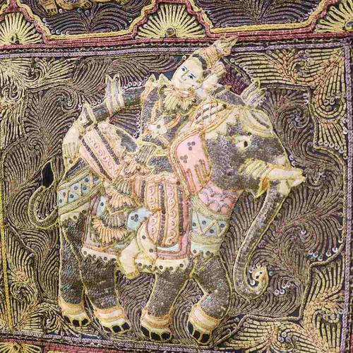 Burmese Kalaga Tapestry Embroidered with Elephants in a Golden Frame