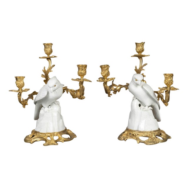 Japanese Porcelain and Gilt Bronze Falcon Candelabras, 19th Century, Set of 2 For Sale