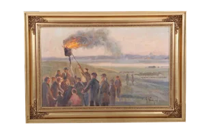 Gunnar Bundgaard, Saint Hans Campfire on the Fjord, Mid-20th Century, Oil on Canvas, Framed