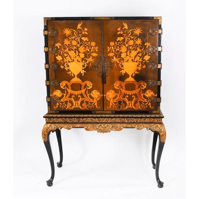 Antique Black Lacquered Marquetry Cocktail Cabinet on Stand, 1930s For Sale - Image 3 of 15
