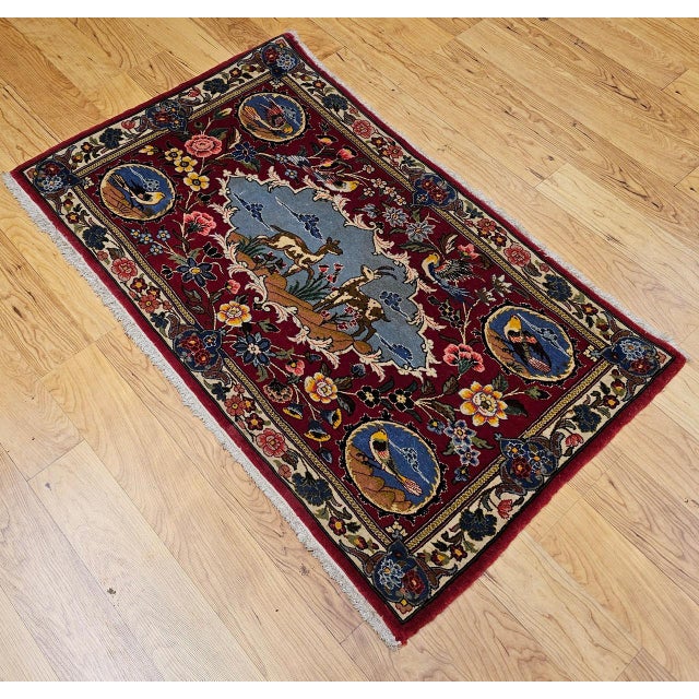 Vintage Persian Tabriz Pictorial Rug, Hand-Knotted Wool & Silk, Forest Scene, Red & Blue, 2x3 For Sale - Image 4 of 15