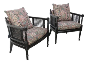 Hollywood Regency Painted Black Caned Livingroom Side Chairs a Pair 5933