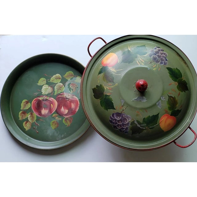 Vintage Hand Painted Tole Large Bowl, Lid With Wood Handle & Round Tole Toleware Tray For Sale - Image 4 of 9