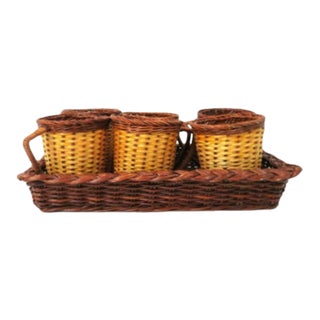 Vintage 70's Wicker Tray & 6 Cup Holders For Sale