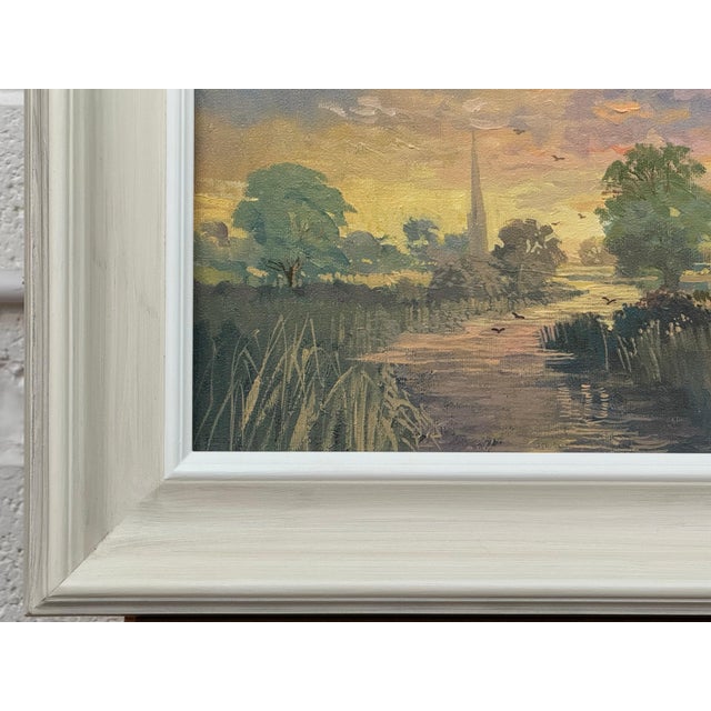 Sunrise at Village by River in the English Countryside with Church Spire & Birds 1985 Circa For Sale - Image 12 of 13