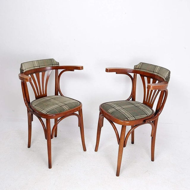Pair of curved wood "Palmette" armchairs - Hilma/Belgium Office chairs - Original upholstery fabric Dimensions: 55.5 x 41...