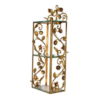 1950s Mid-Century Modern Italian Gilded Metal Flowers Wall Etagere 3 Tier Shelf Toleware For Sale