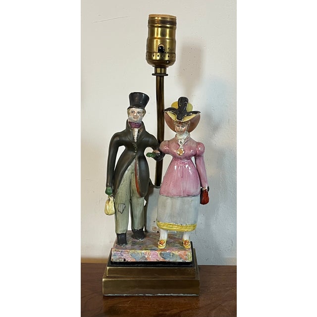 English Antique Early 19th Century English Staffordshire Figure of a Regency Couple Mounted as a Table Lamp For Sale - Image 3 of 7