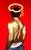Seen from behind, a figure stands with bare shoulders and a golden halo hovering just above, the waistband of a pair of...