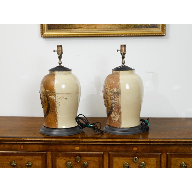 Pair of 1880s English Stoneware with Coat of Arms Made into Wired Table Lamps For Sale In Atlanta - Image 6 of 8