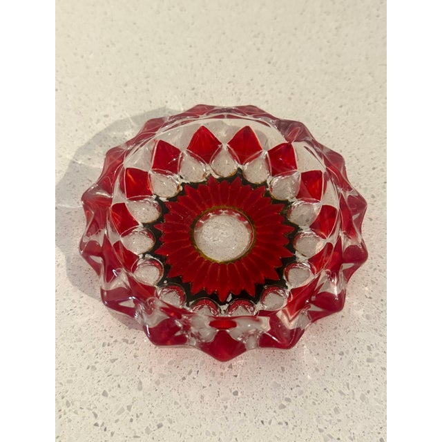 1960s Vintage French Ruby Red & Clear Art Glass Ashtray With Dark Green Accent Detailing For Sale - Image 5 of 9