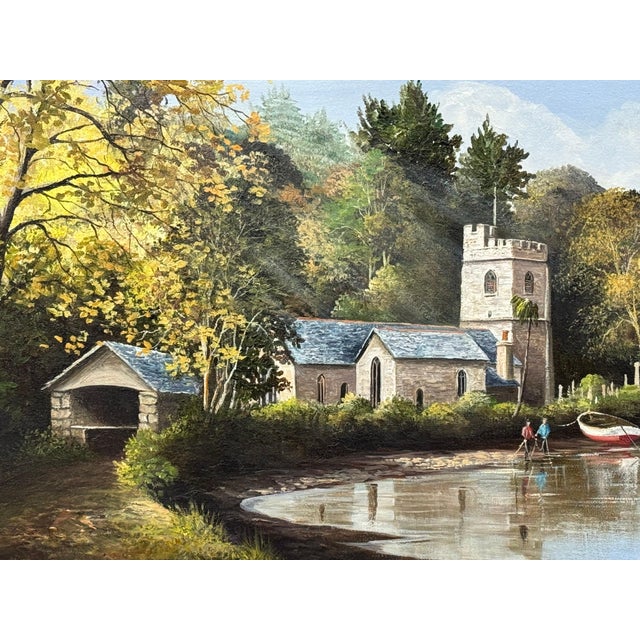 Painting of Church in Cornwall on the English South Coast with Figures & Boats 1985 Circa For Sale - Image 4 of 16