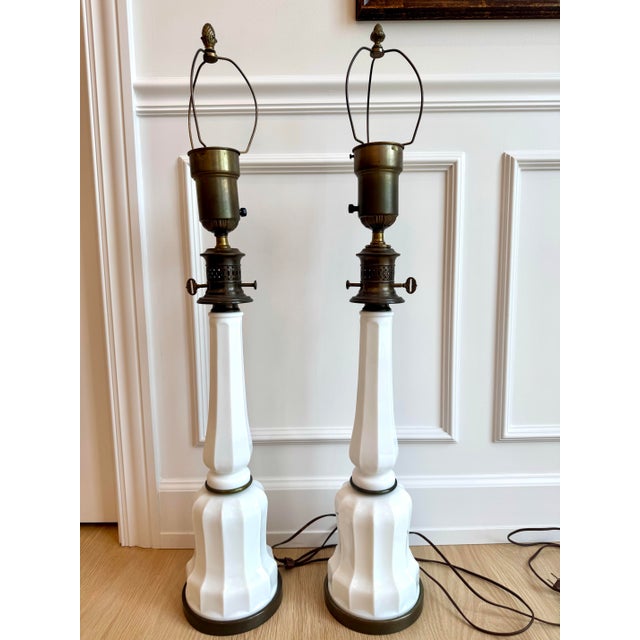 Early 20th Century White Milk Glass & Patinated Brass Table Lamps - a Pair For Sale In Chicago - Image 6 of 6