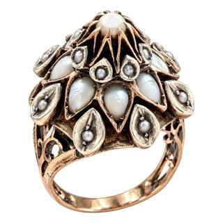 19th-Century Gold, Silver, Mother-of-Pearl and Seed Pearl Dome Ring, Size 5.25 For Sale