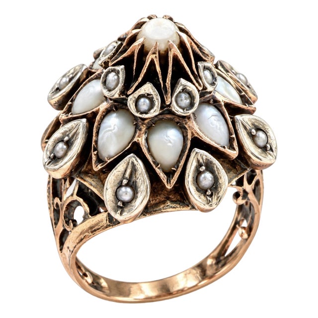 19th-Century Gold, Silver, Mother-of-Pearl and Seed Pearl Dome Ring, Size 5.25 For Sale