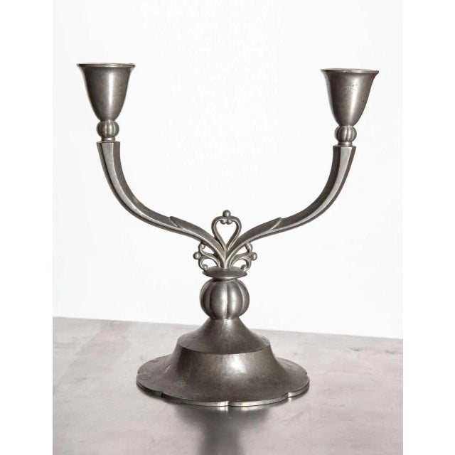 1920s Just Andersen Double Arm Crested Pewter Candlesticks - a Pair For Sale - Image 5 of 9
