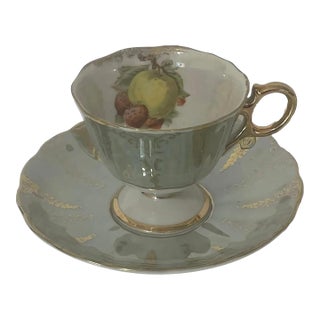 Vintage Linmark Japan Fruit & Gilt Cup & Saucer in Pale Green Gold Trim For Sale