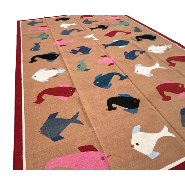 Handmade Cotton Vegetable Dyed Flat Weave Area Rug, Tan, Red Fish Patterned Dhurrie - 9'x12' For Sale - Image 9 of 16