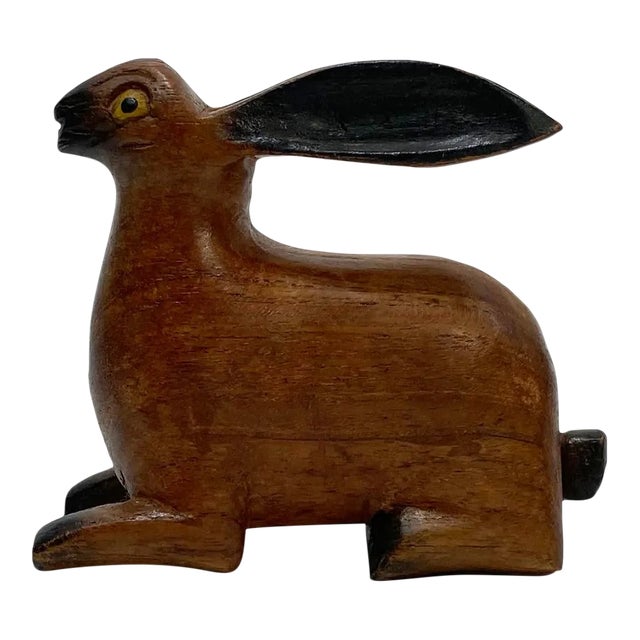 Antique Folk Art Style Hand-Carved Wood Rabbit Figure | Chairish
